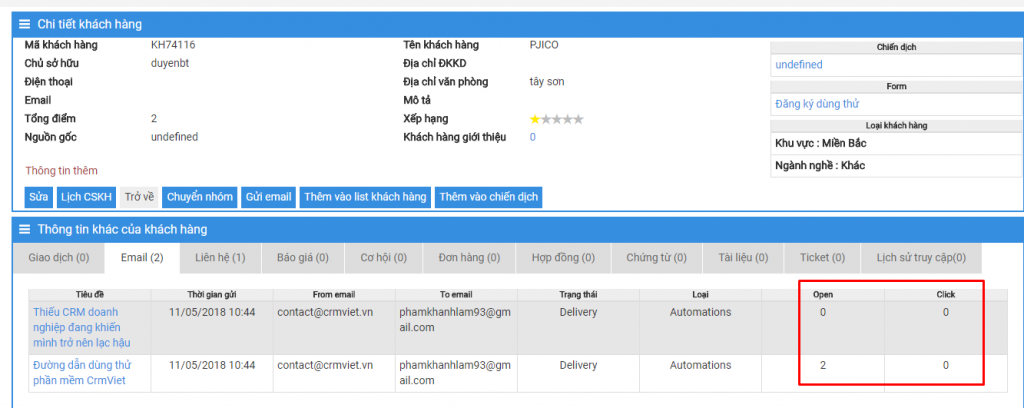 Tracking Lịch sử Open Click của từng khách hàng