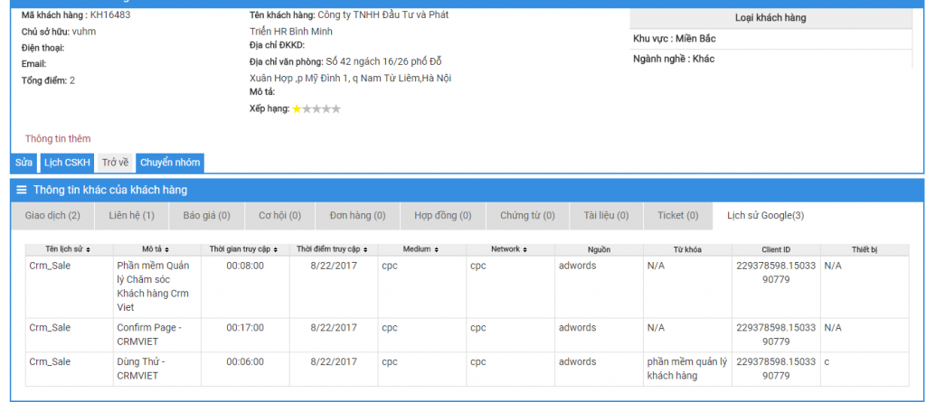 Lịch sử truy cập website của khách hàng
