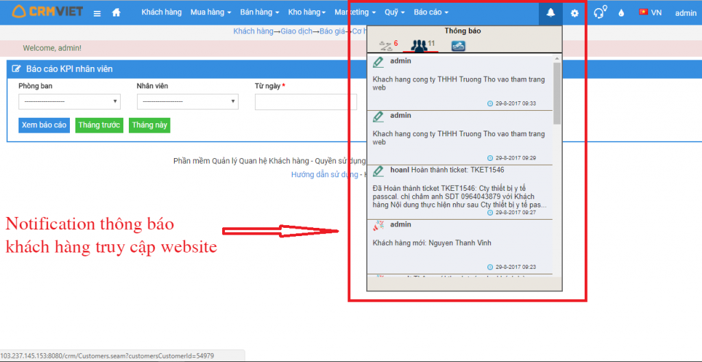 Notification thông báo khách hàng truy cập website
