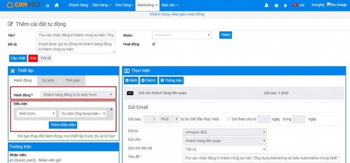 Setup automation trên phần mềm CrmViet