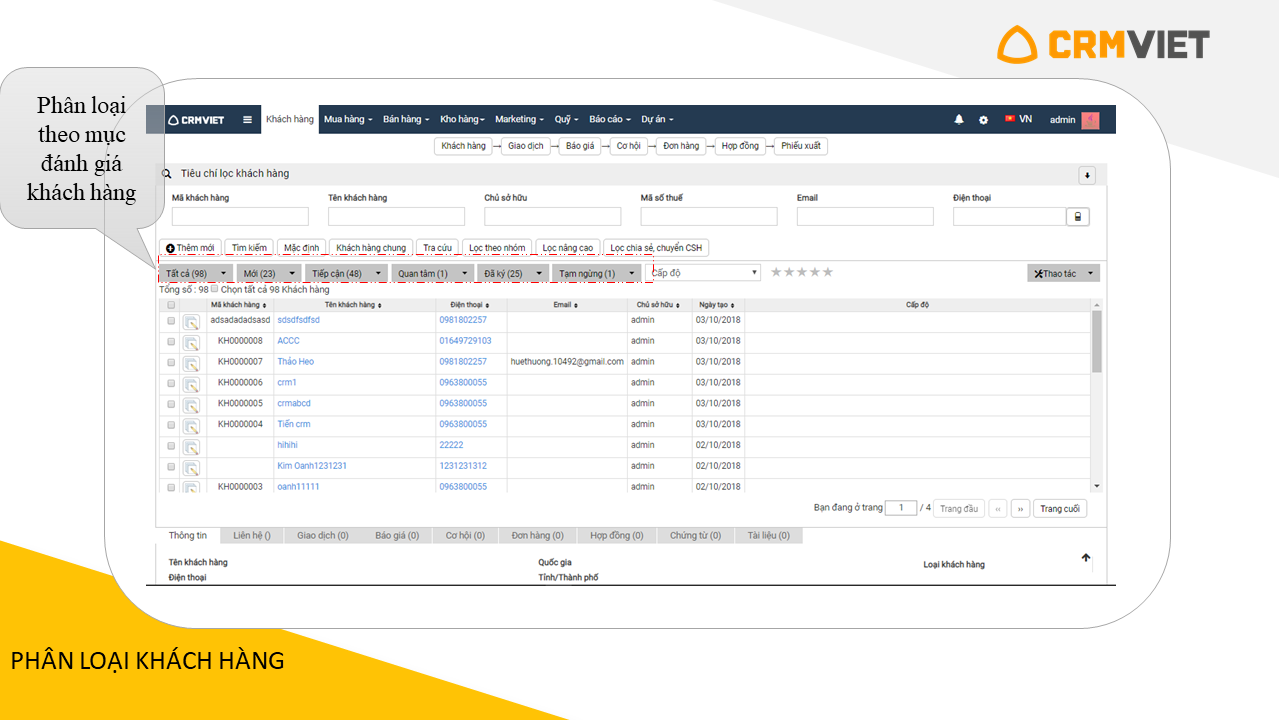 giao diện khách hàng CRMVIET