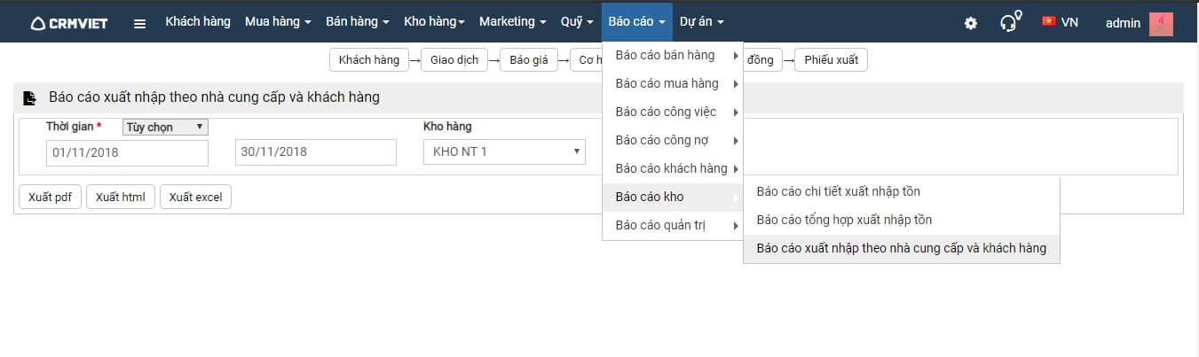 Báo cáo xuất nhập theo nhà cung cấp và khách hàng