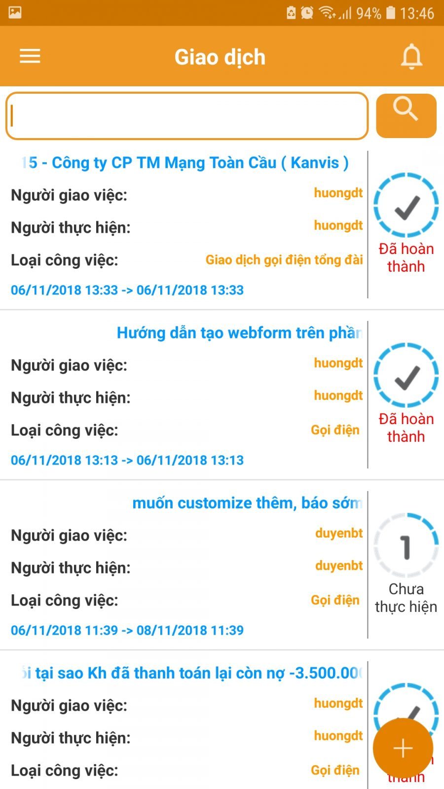 Tính năng Giao dịch trên app CrmViet