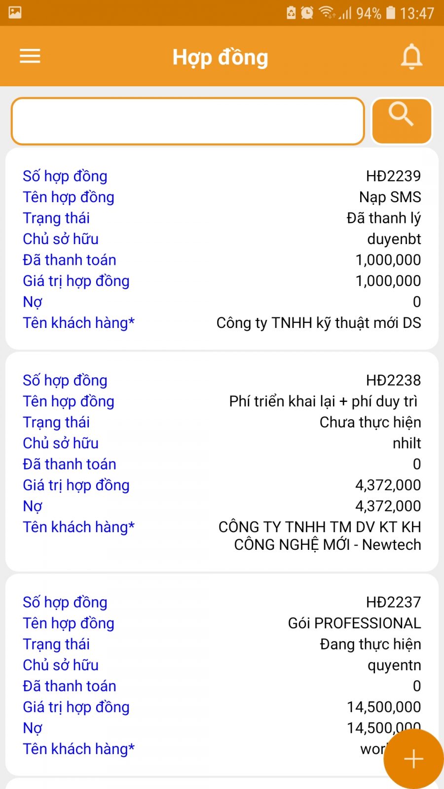 Tính năng hợp đồng trên app CrmViet
