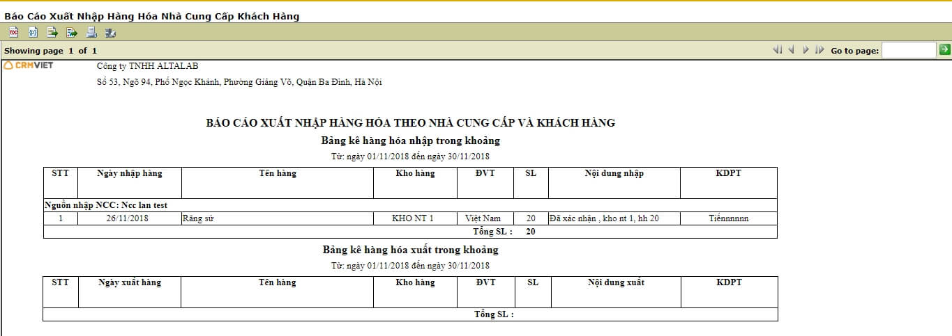 Màn hình báo cáo xuất nhập hàng hóa theo nhà cung cấp
