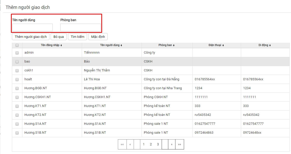 Search phòng ban khi thêm người giao dịch