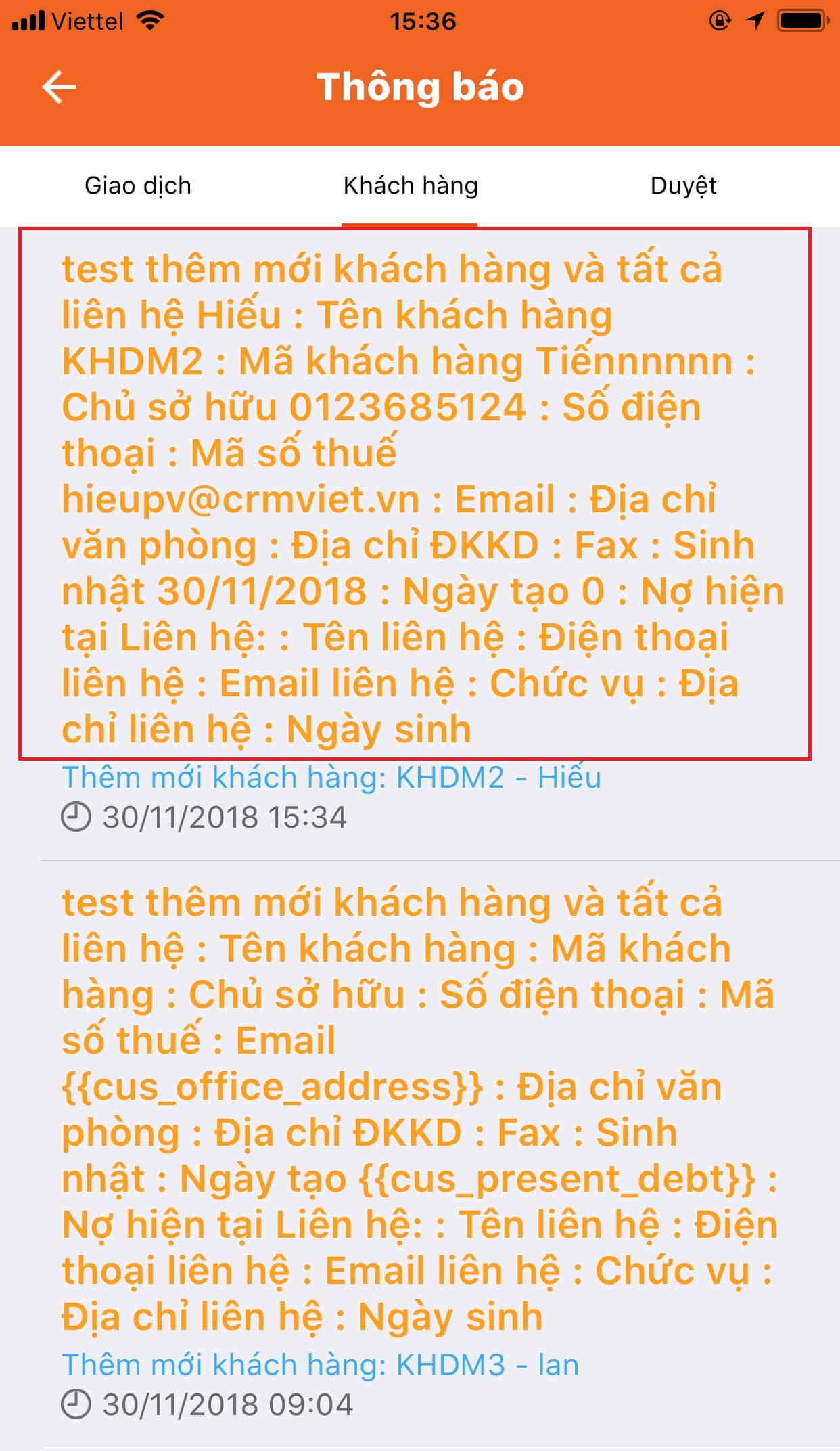 Thông báo khi thêm mới Khách hàng