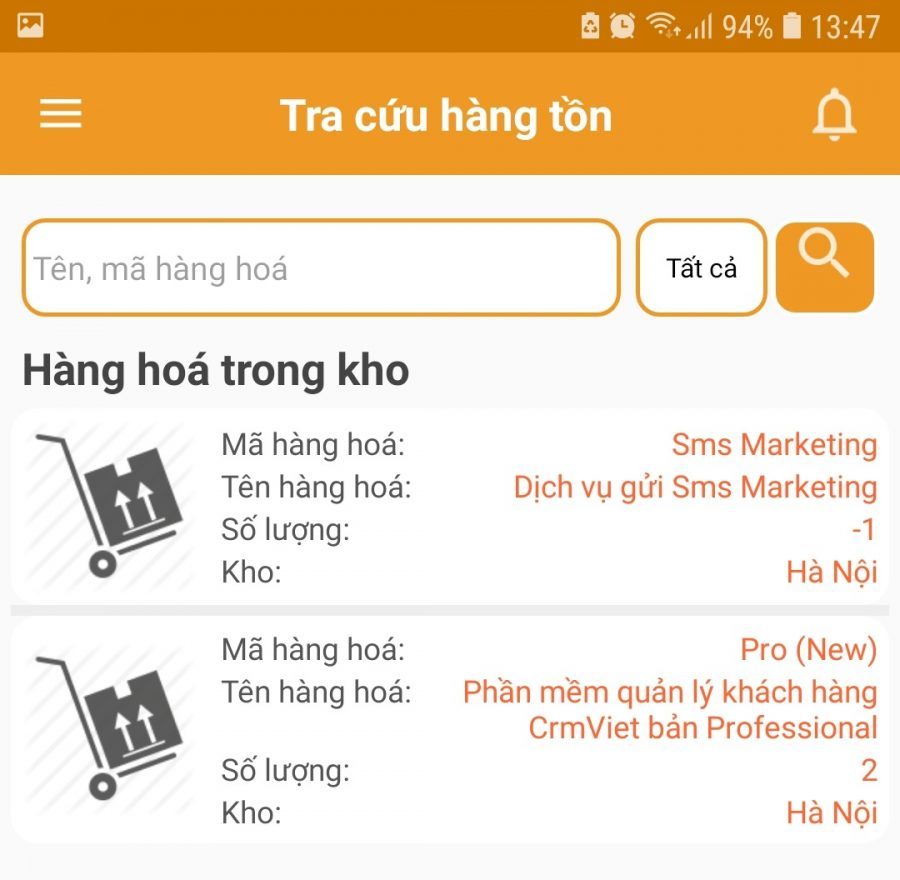 Tra cứu hàng tồn kho trên app crmviet