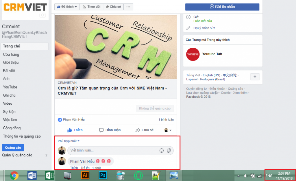 Tích hợp Facebook trên Crmviet - Comment trên Facebook