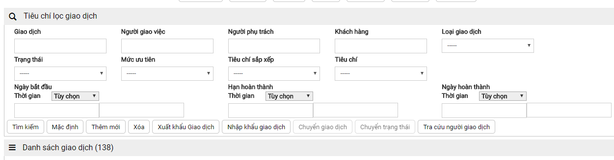 tính năng nhật ký công việc - Tìm kiếm giao dịch