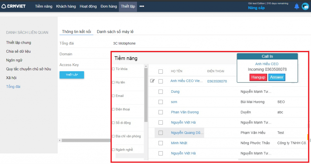 dịch vụ phần mềm CRM kết nối tổng đài call center