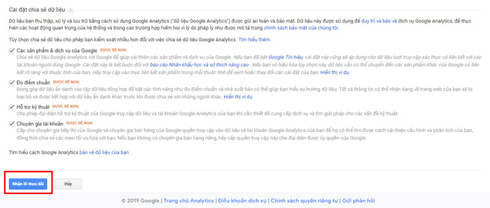 Nhận mã theo dõi website của google analytics